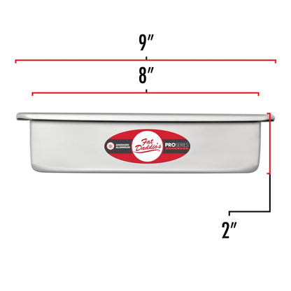 image shows the dimensions of a 8 inch square cake pan. The outer dimension is a 9 inch square and the inner dimension is 8 inch square. The depth is 2 inches