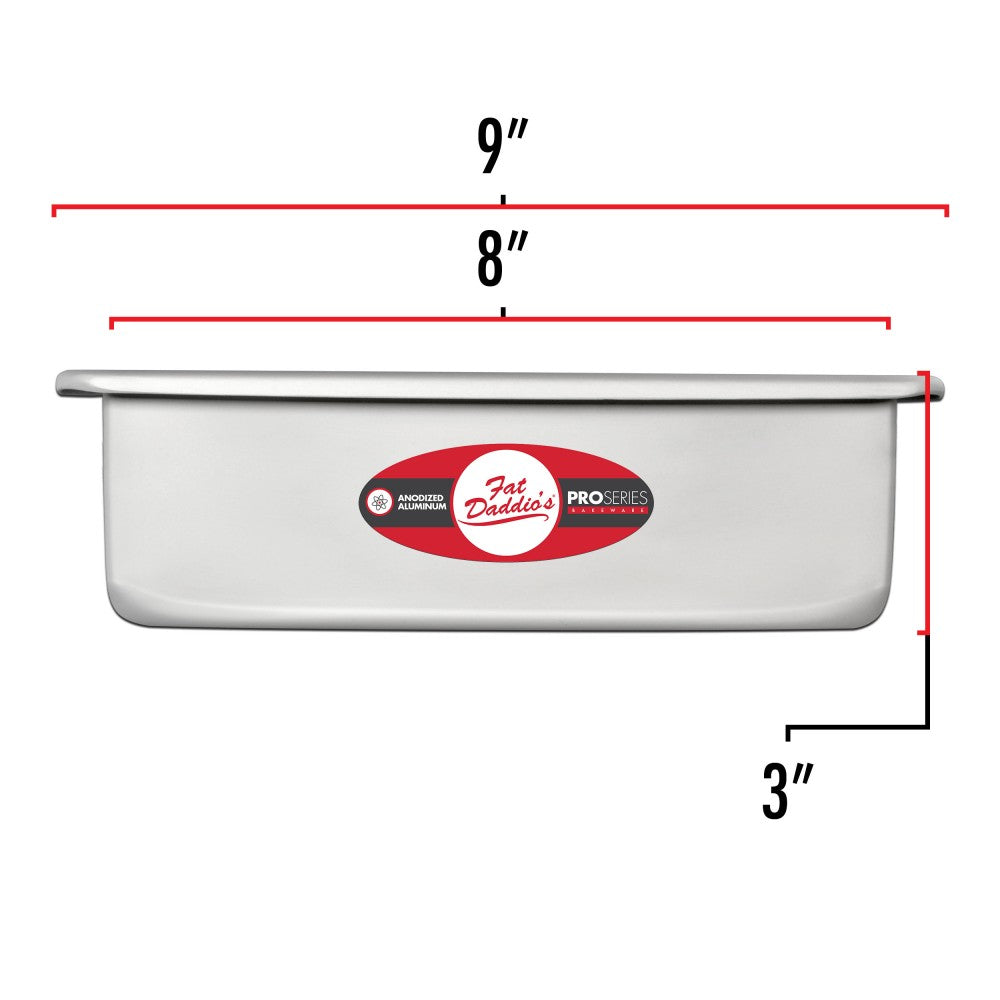 image shows the dimensions of an 8 inch square cake pan. The outer dimension is a 9 inch square. the inner dimension is an 8 inch square. the pan is 3 inches deep