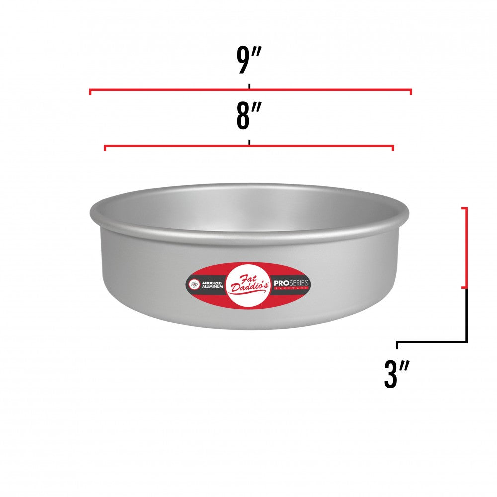 image shows the dimensions of an 8 inch round cake pan. The outer diameter is 9 inches and the inner diameter is 8 inches. The depth is 3 inches