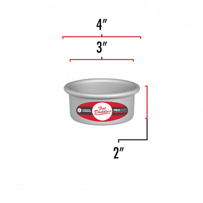 image shows the dimensions of a 3 inch round cake pan. The outer diameter is 4 inches and the inner diameter is 2 inches.