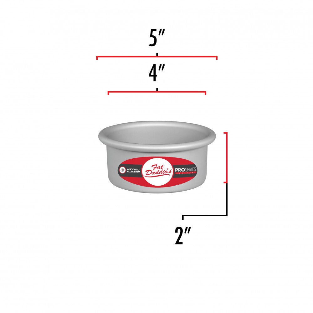 image showing the dimensions of a 4 inch round cake pan. the outer diameter is  5 inches and the inner diameter is 4 inches.