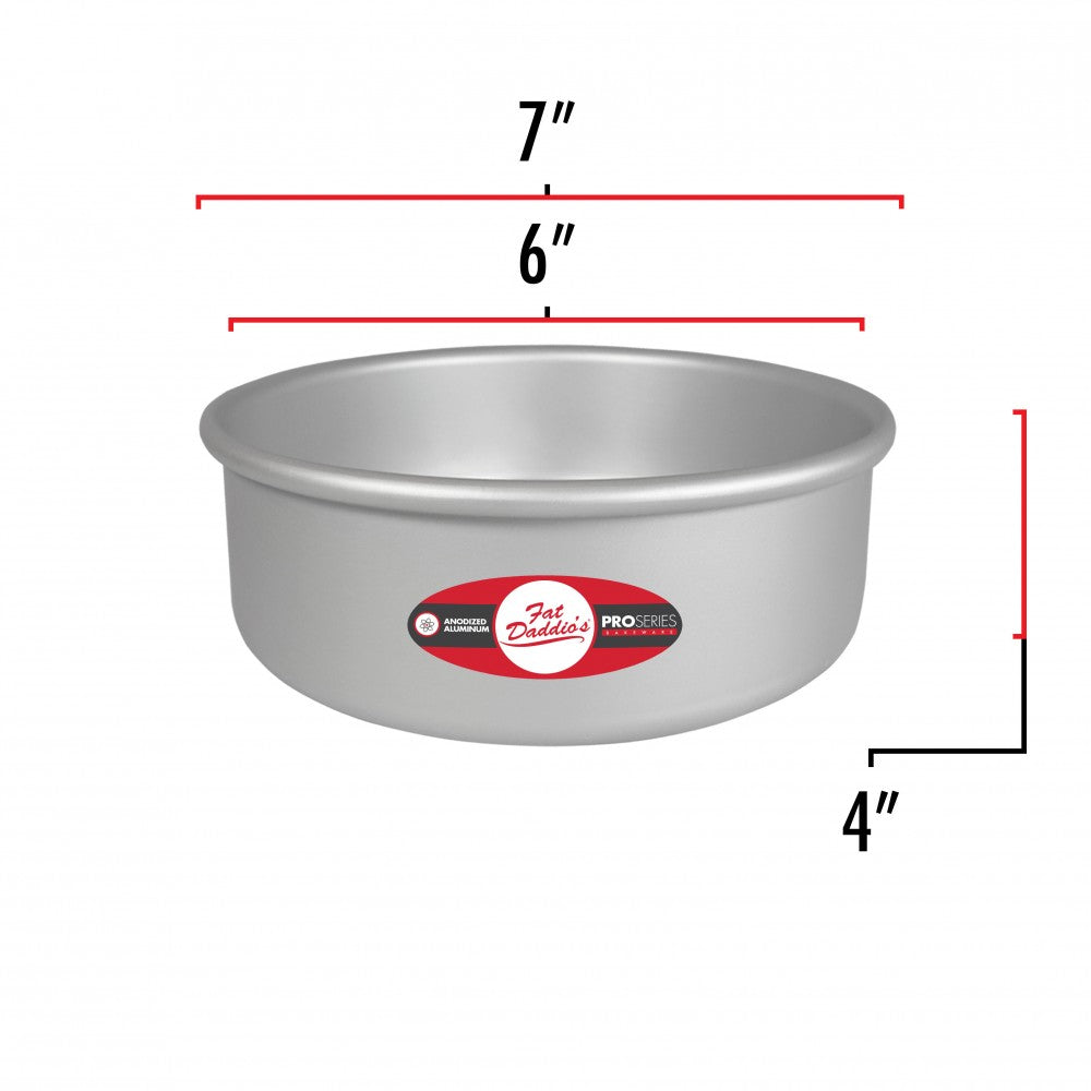 image shows the dimensions of a 6 inch round cake pan. The outer diameter is 7 inches and the inner diameter is 6 inches. The depth is 4 inches