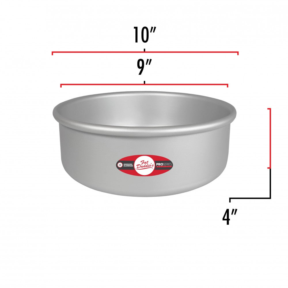 image shows the dimensions of a 9 inch round cake pan. The outer diameter is 10 inches and the inner diameter is 9 inches. the depth is 4 inches