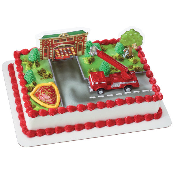 Fire Truck and Station Cake Topper Set