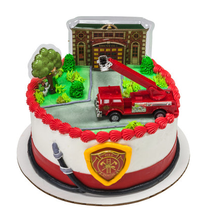 Fire Truck and Station Cake Topper Set