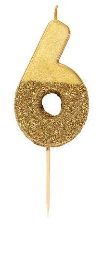 Gold Glitter Number Candle - Number 6