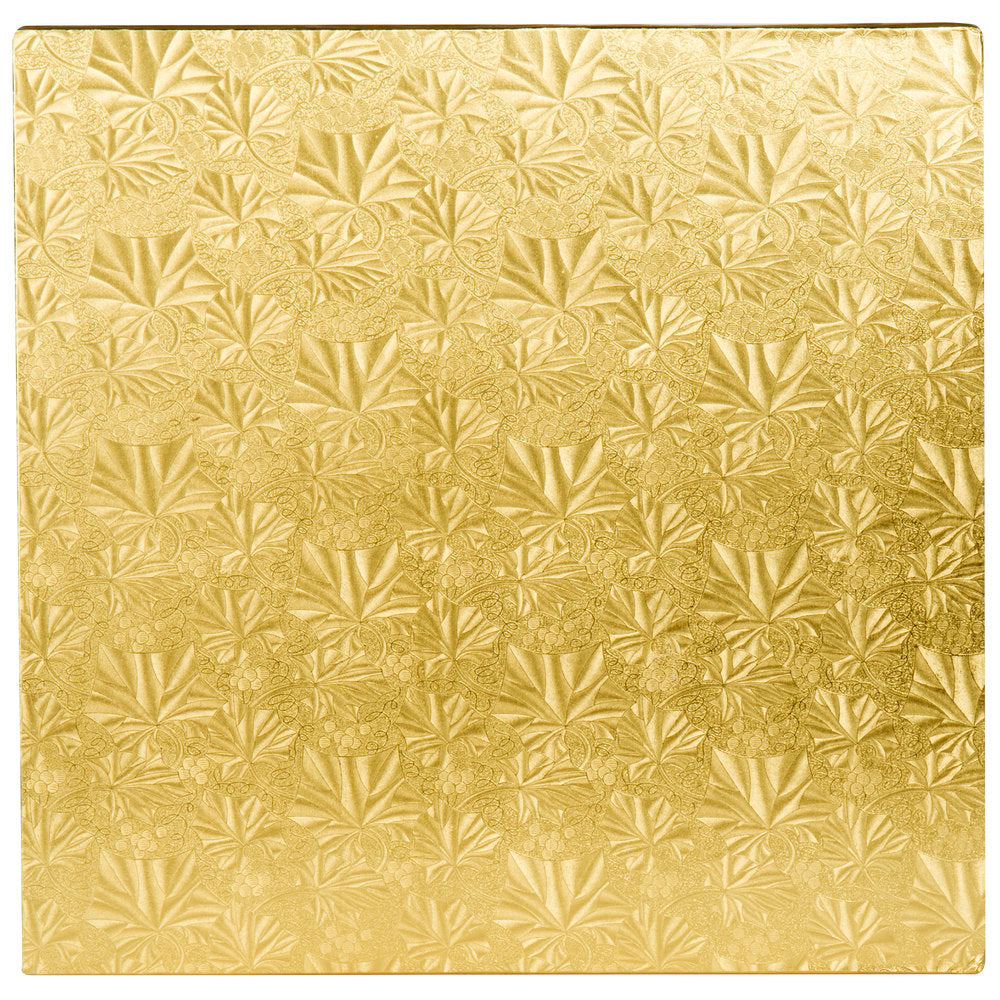image of 14 inch square gold cake drum that is 1/2 inch thick