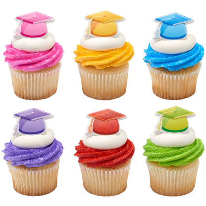 Brightly Colored Graduation Cap Cupcake Rings - 12 Rings