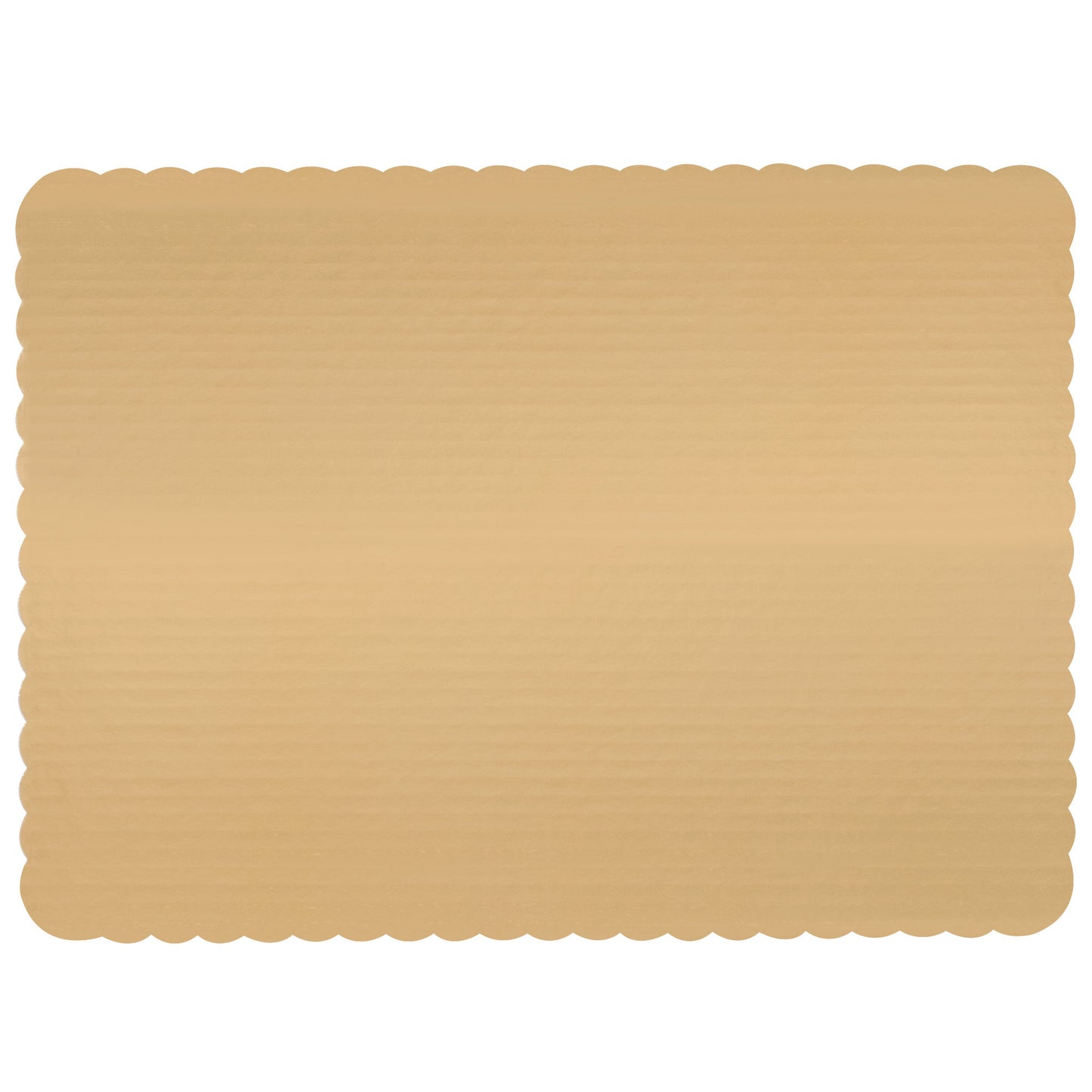 image shows a gold half sheet cake board with scalloped edges