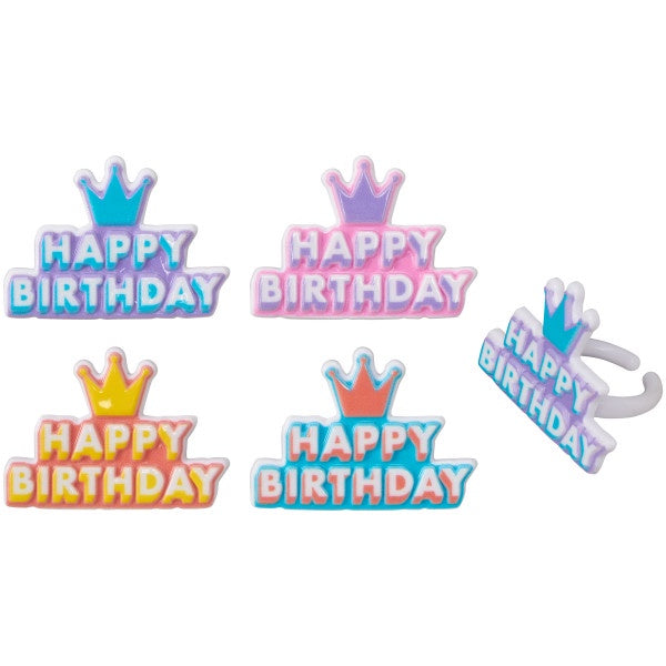 Happy Birthday Crown Cupcake Rings - 12 Rings