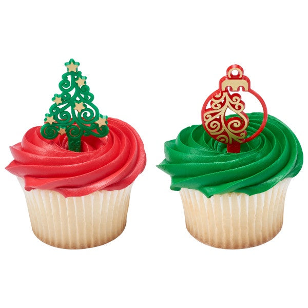 Christmas Ornaments and Trees Cupcake Picks - 12 Picks