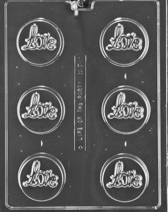 mold for making chocolate covered cookies with LOVE imprinted on top.  This plastic mold contains 6 circular cavities.