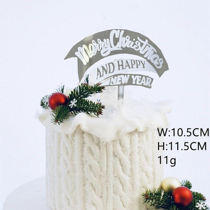 Merry Christmas and Happy New Year Silver Acrylic Cake Topper