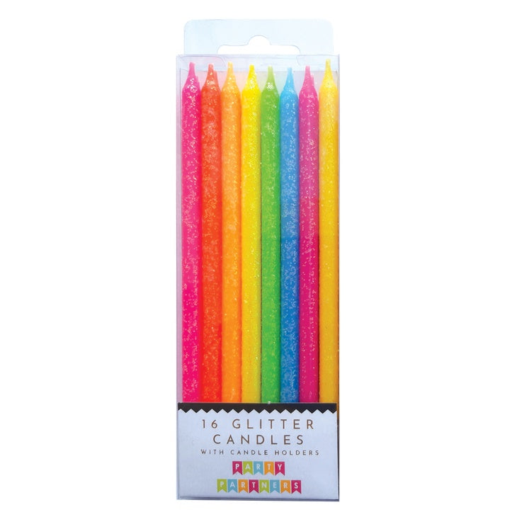 Tall Neon Rainbow Gradiant Glitter Candles with Candle Holders