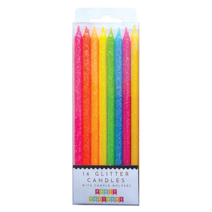 Tall Neon Rainbow Gradiant Glitter Candles with Candle Holders