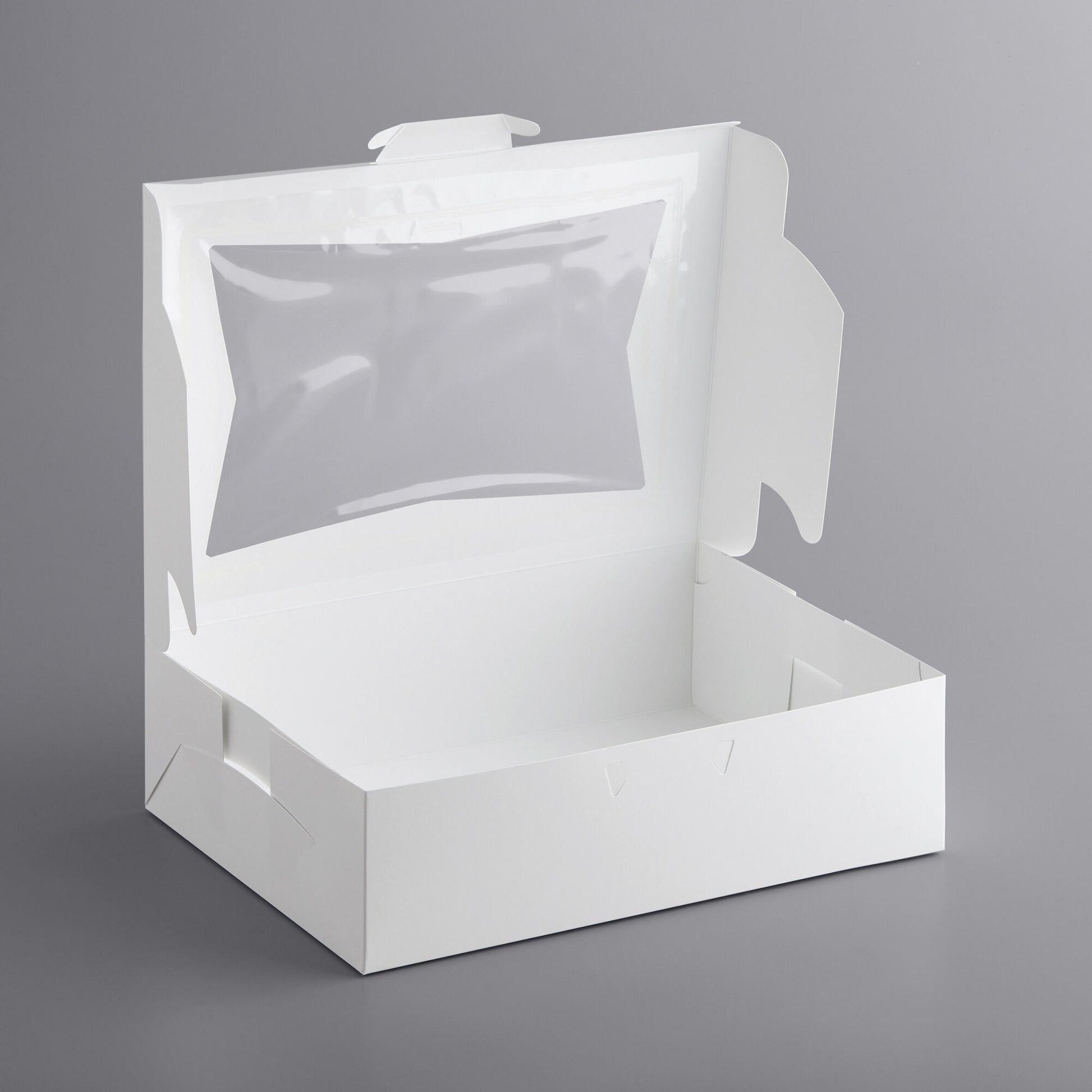 image of quarter sheet cake box with a window. The image shows the cake box assembled with the lid raised up