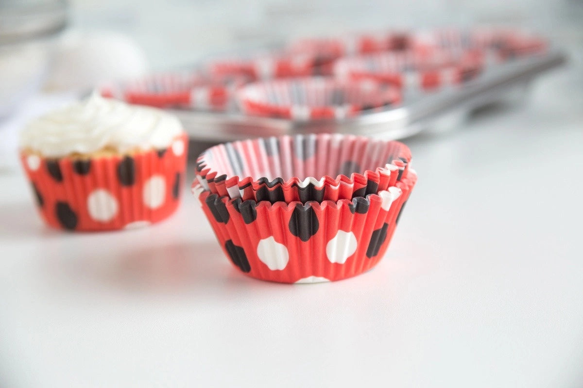 Red Cupcake Liners with Black and White Polka Dots - 50 Cupcake Liners