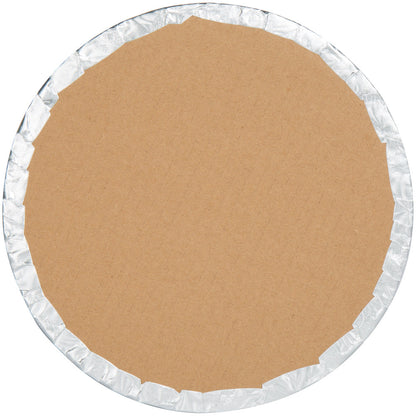 image of the back of a 10 inch round silver cake drum that is 1/4 inch thick