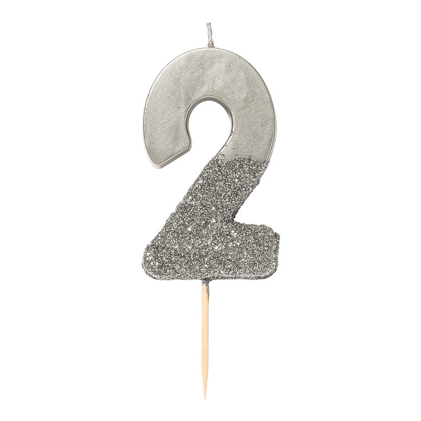 Silver Glitter Number Candle - Number 2
