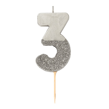 Silver Glitter Number Candle - Number 3