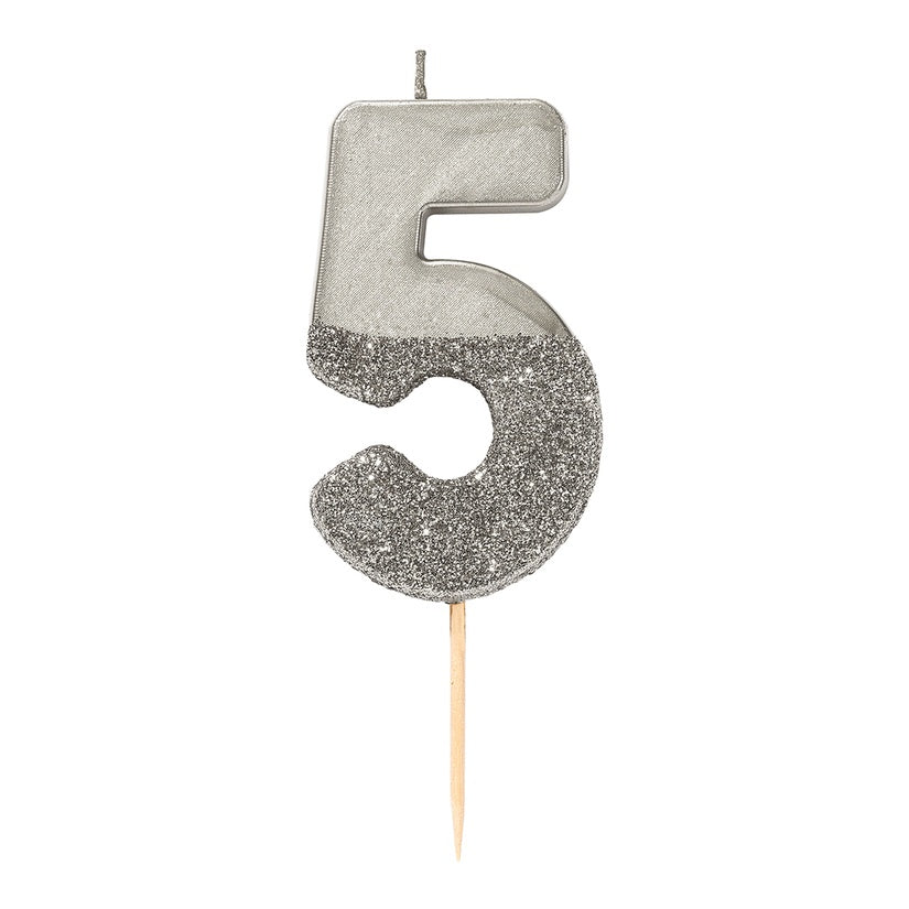 Silver Glitter Number Candle - Number 5