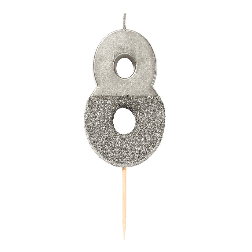 Silver Glitter Number Candle - Number 8