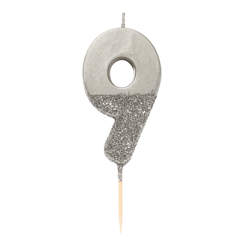 Silver Glitter Number Candle - Number 9