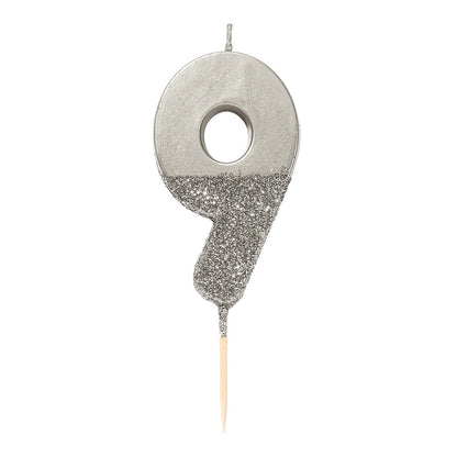 Silver Glitter Number Candle - Number 9