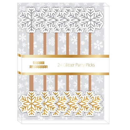Gold & Silver Glitter Snowflake Party Picks