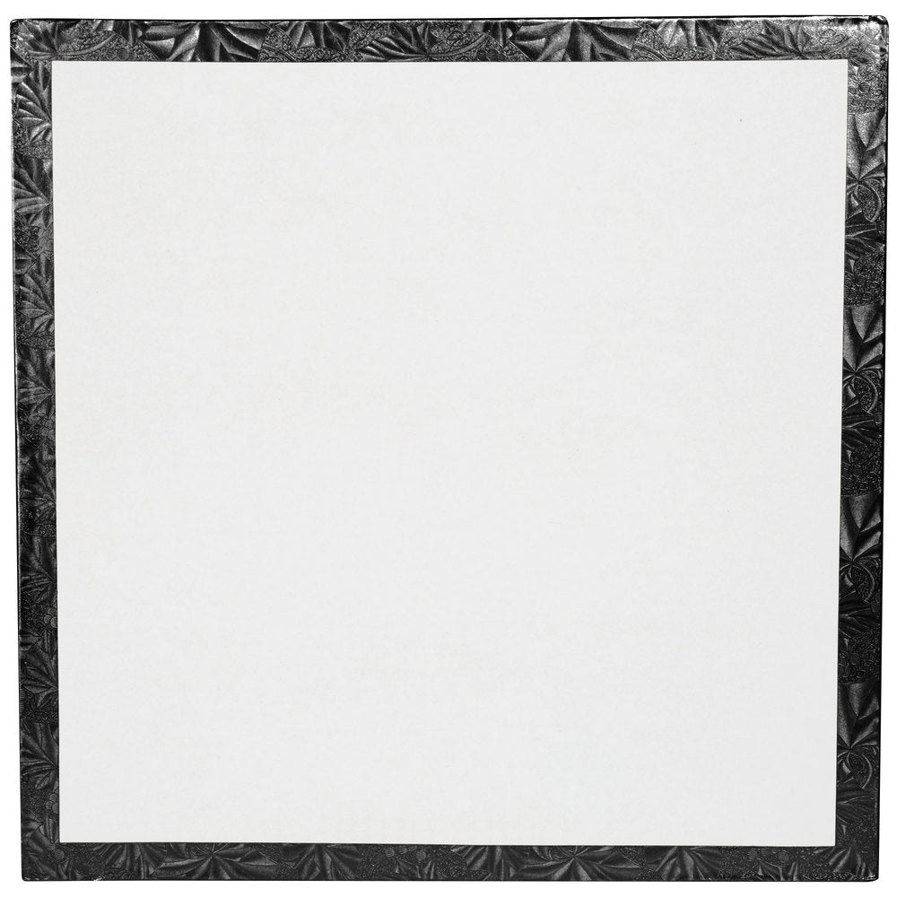 image of the back of a 14 inch black square cake drum that is 1/2 inch thick