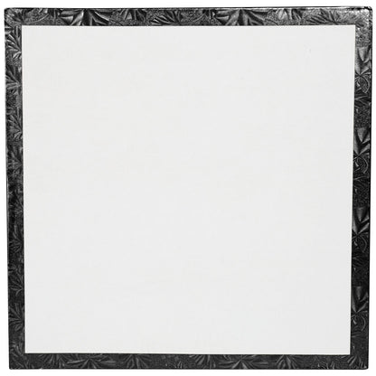 image of the back of a 14 inch black square cake drum that is 1/2 inch thick