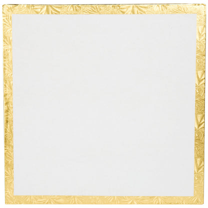 image of the back of a 14 inch square gold cake drum that is 1/2 inch thick