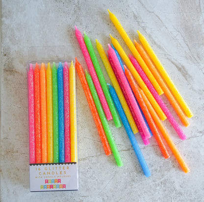 Tall Neon Rainbow Gradiant Glitter Candles with Candle Holders