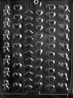 picture of chocolate mold for valentine's day. mold includes small cavities for cupid, hearts, double heart and a heart with an arrow