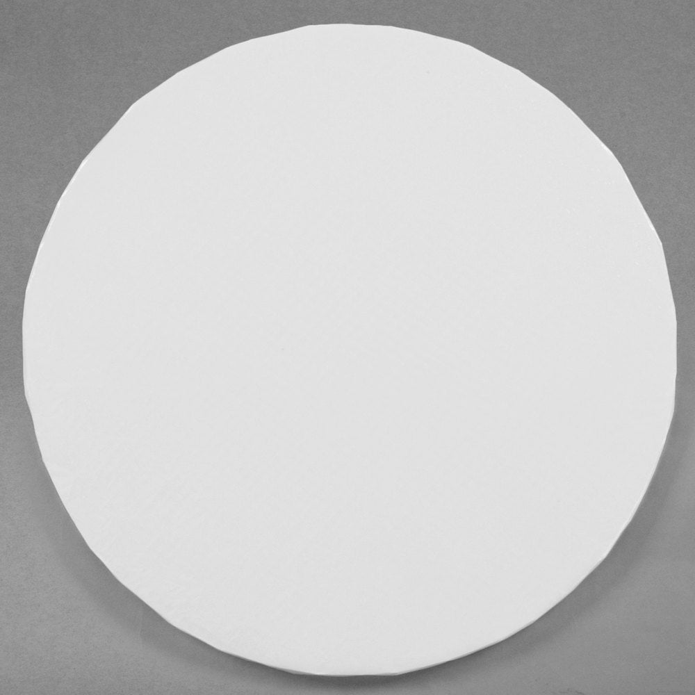 images shows a 16 inch, round, white cake drum that is 1/2 inch thick